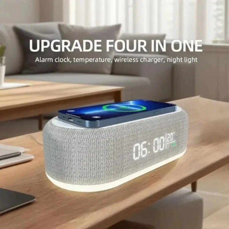 4 in 1 Wireless Charger Alarm Clock Temperature Display Night Light Fabric Design for Bedroom Bedside Home Office Desktop Use