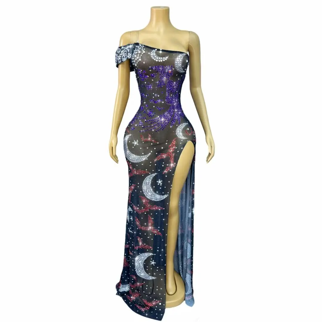 Nvwu Elegant Women Slanted Shoulder Sleeves Evening Dress Sexy Black Mesh Rhinestone Slit Dress Bar Dancer Performance Costume