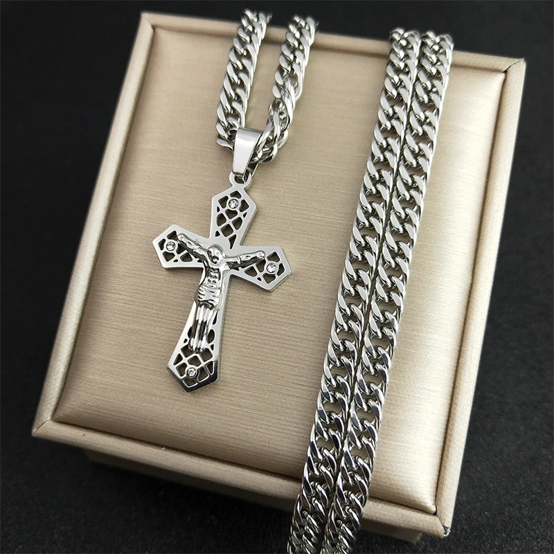 Male Jesus Christ Crucifix Cross Pendant Necklace for Women Men Gold Color Stainless Steel Religious Chain Punk Jewelry collar