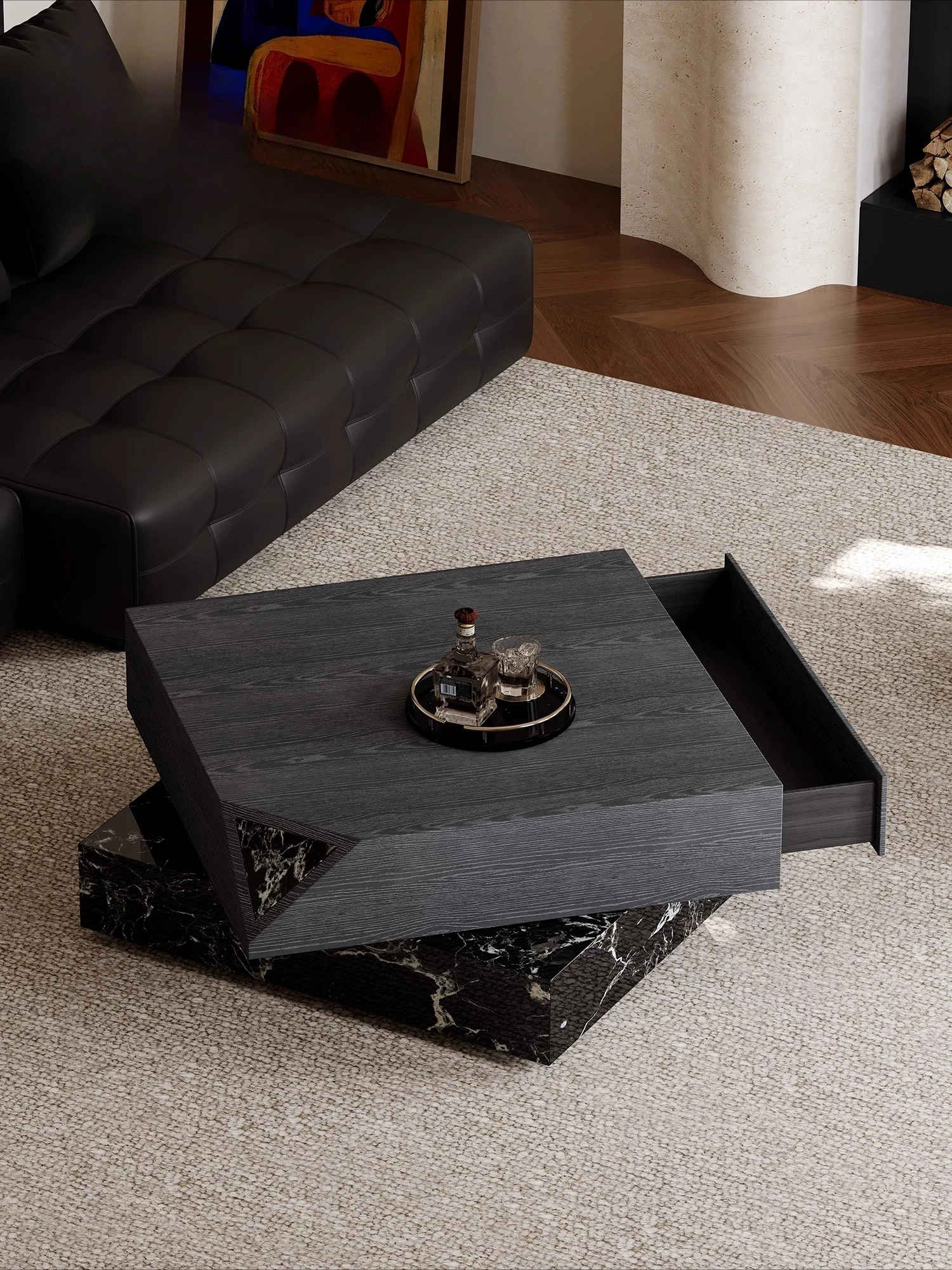 

Italian minimalist coffee table, living room drawer storage creativity, high-end square rotating coffee table