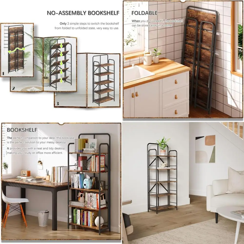 

5-ярусная складная книжная полка - в деревенском стиле, коричнево-черная, идеально подходит для хранения вещей в домашнем офисе, спальне, гостиной