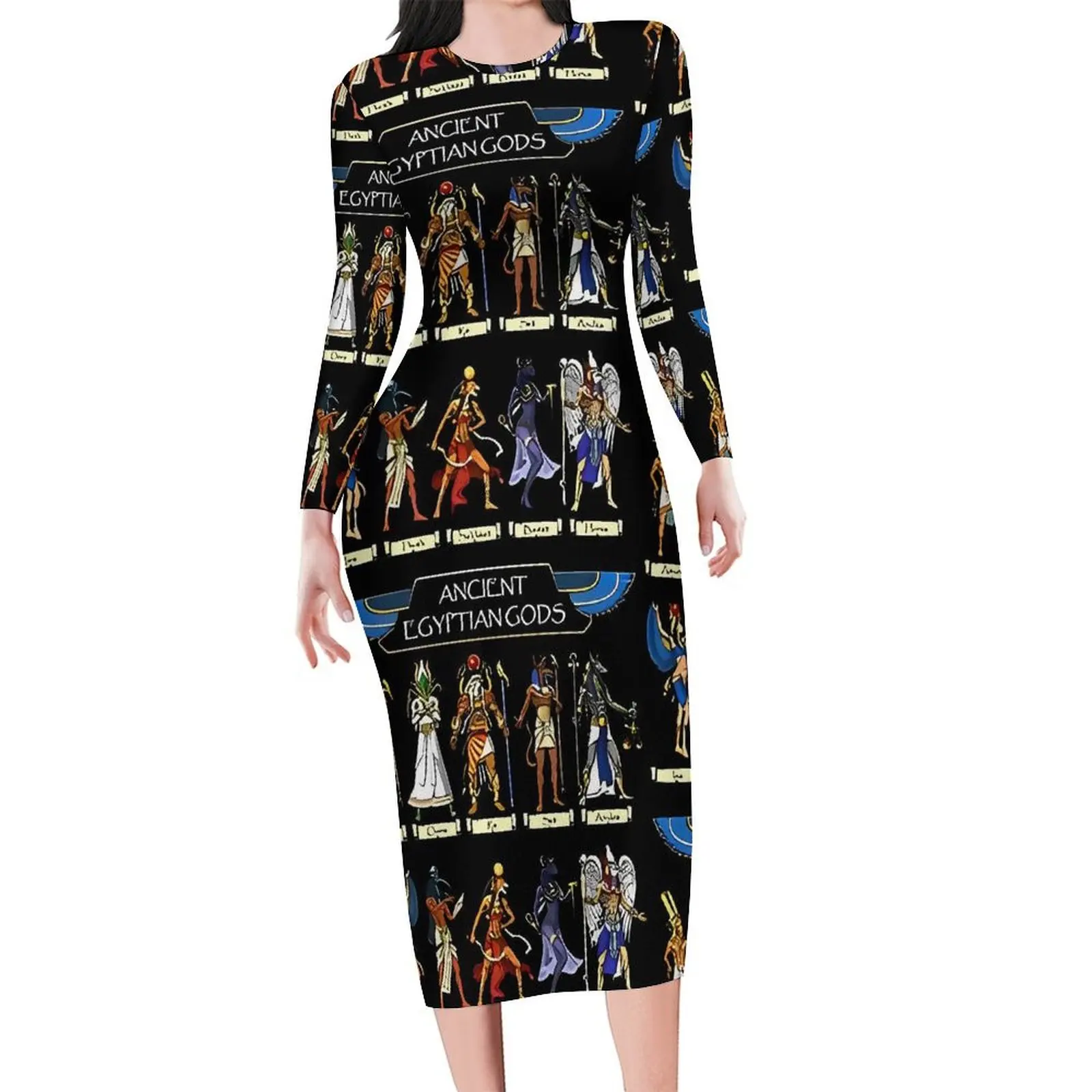 Oude Egyptische Kunst Goden Jurk Lange Mouw Leuke Jurken Zomer Vrouwelijke Street Fashion Gedrukt Bodycon Jurk Big Size 4XL 5XL