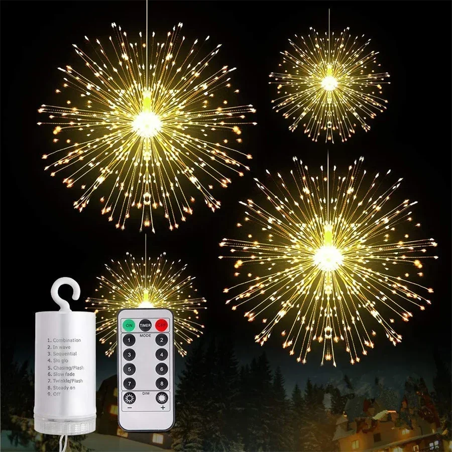 1PC luci per fuochi d'artificio filo di rame luce fatata luce natalizia per esterni Starburst con luce per fuochi d'artificio a sospensione impermeabile a distanza