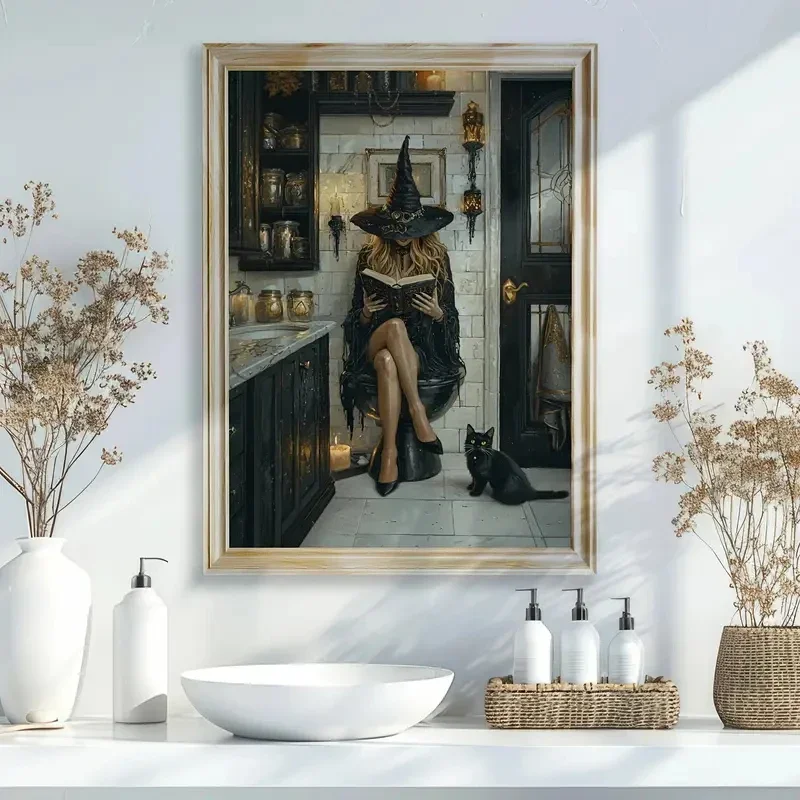 (No frame)Gothic Halloween Bathroom Witch and Black Cat Retro Witch Canvas Decoration, Modern Horror Room Home Decoration Gif