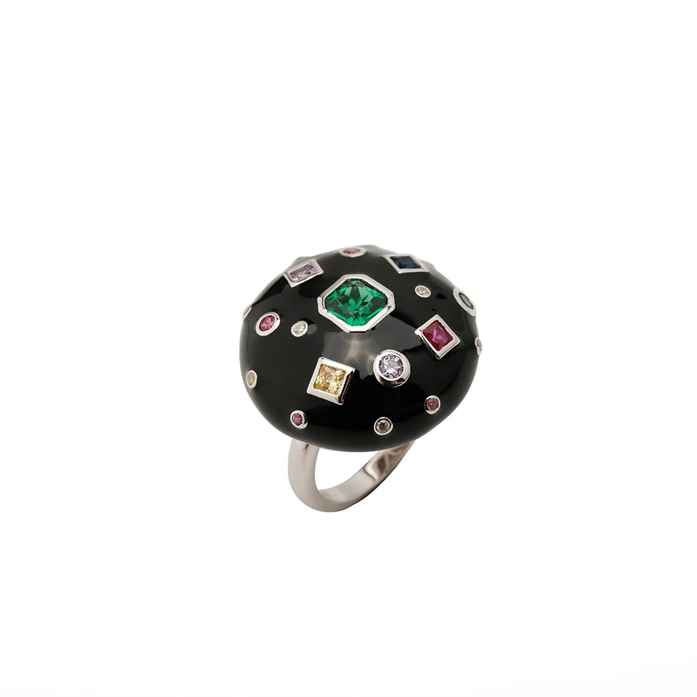 Black Oil-Spot Glaze Colorful Stone Women Fashion Ring