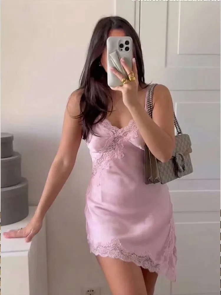 Elegancka sukienka mini na ramiączkach spaghetti z koronką, seksowna sukienka bez pleców, bez rękawów, asymetryczny dół, sukienka na wakacje, plażowa sukienka, vestido.