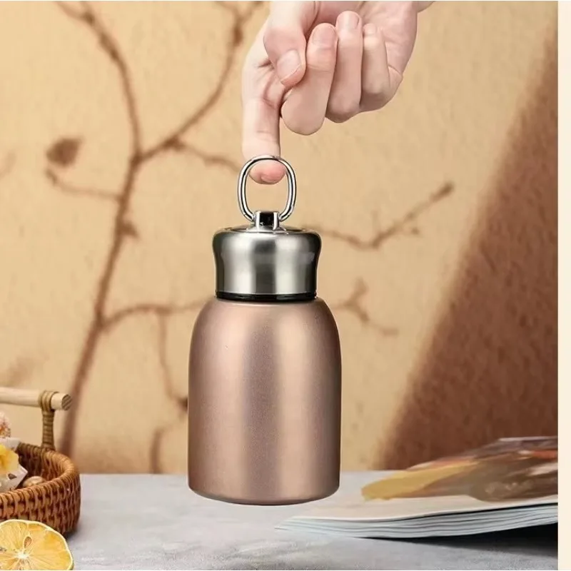 300ml Mini Chubby 304 Stainless Steel Vacuum Flask, Portable Pocket Thermos with Metal Carry Ring