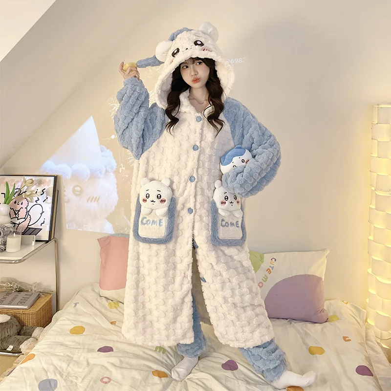 2 قطعة Kuromi المرجان الصوف ثوب النوم الشتاء المرأة منامة مرحبا كيتي الكرتون سينامورول سميكة طويلة رداء دافئ المتسكعون #5