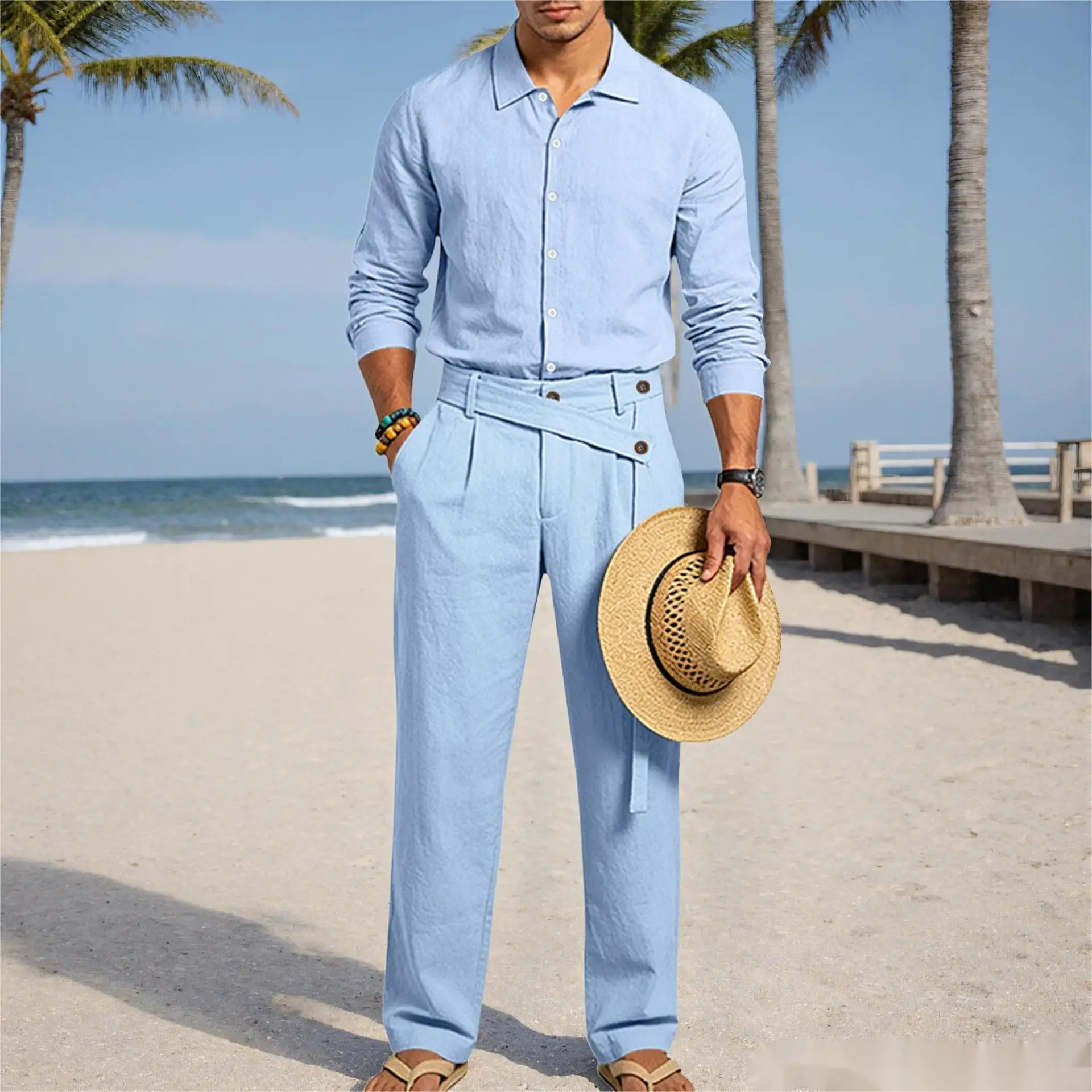 Europäisch-Amerikanisches Herren-Leinen-Freizeitset: Hemd mit Umlegekragen und Hose mit hohem Bund und Gürtel – Locker, atmungsaktiv, für Urlaub und Strand – Detail 35
