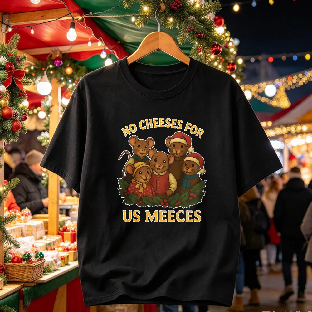 No Cheeses for Us Meeces Christmas Graphic Tshirt Cute Mice Family Santa Hat Holly Print Crew Neck Short Sleeve Xmas Holiday Tee