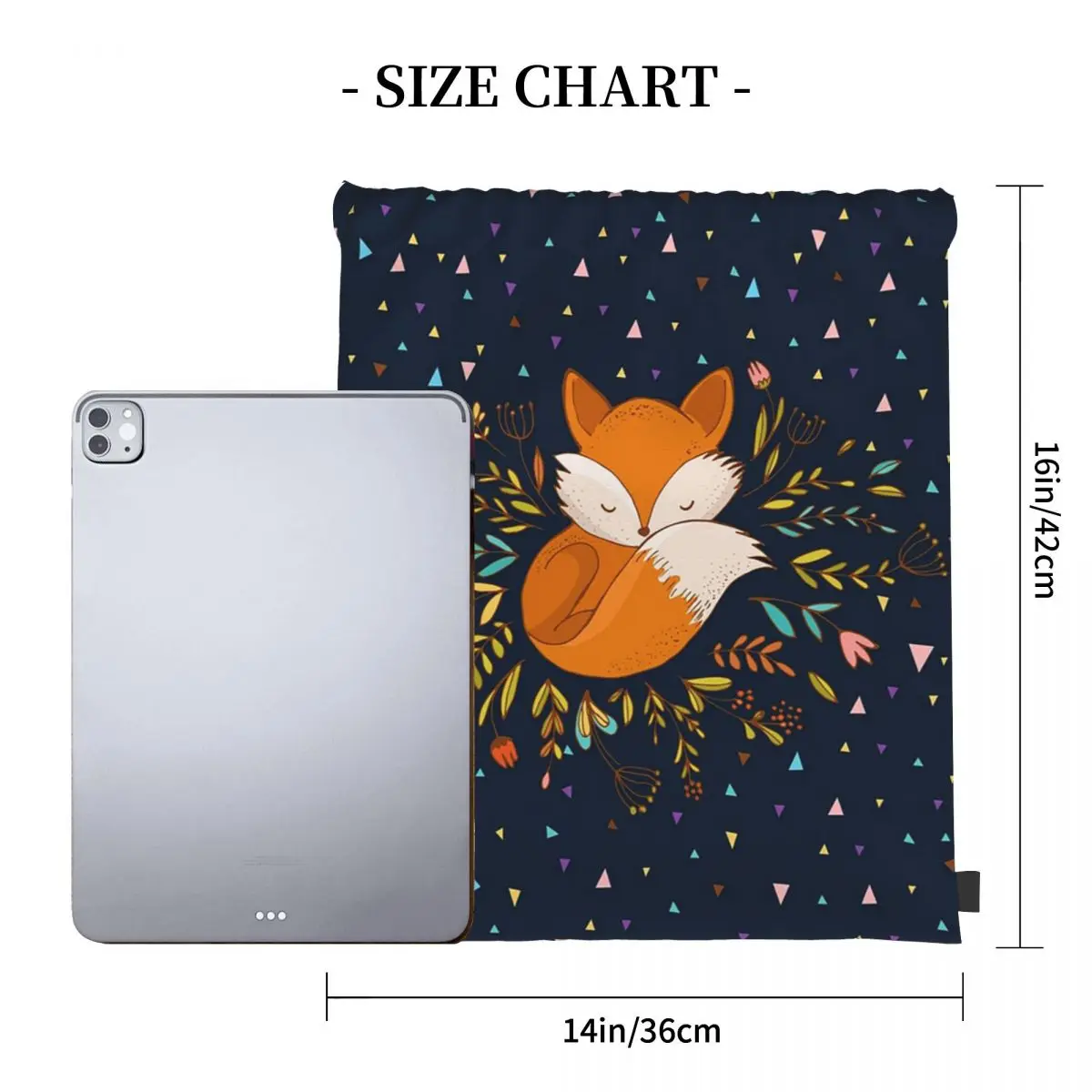 Cute Fox Flowers And Triangles Backpacks Drawstring Bags Drawstring Bundle Pocket Storage Bag Book Bags For Man Woman School