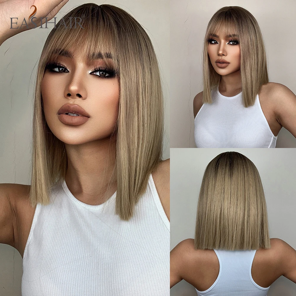 EASIHAIR Brown to Blonde Ombre Synthetic Hair Wigs Short Bob Natural Wigs With Bangs for Women Heat Resistant Cosplay Wigs