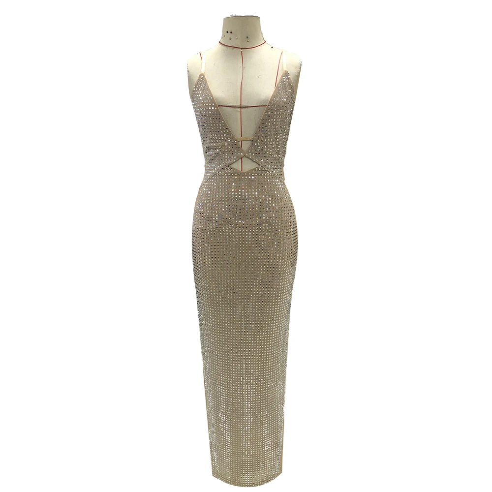 Vc Luxe Sprankelende Kristallen Bandjes V-Hals Uitgehold Bodycon Strass Feestjurken Verjaardagsavond Prom Maxi Jurk
