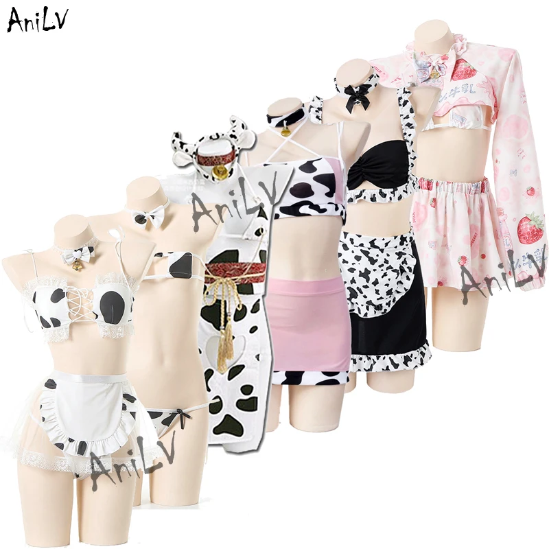 AniLV 2022 Cow Series Beach Bikini Swimsuit Bodysuit Maid Unifrom Costume Anime Kawaii Girl Uniform Set Cosplay Pool Party