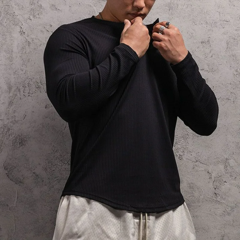 Korean Vintage Solid Long Sleeve T-shirt Men's Spring Autumn New Round Neck Button Casual Simple Sports Elastic Training Tops