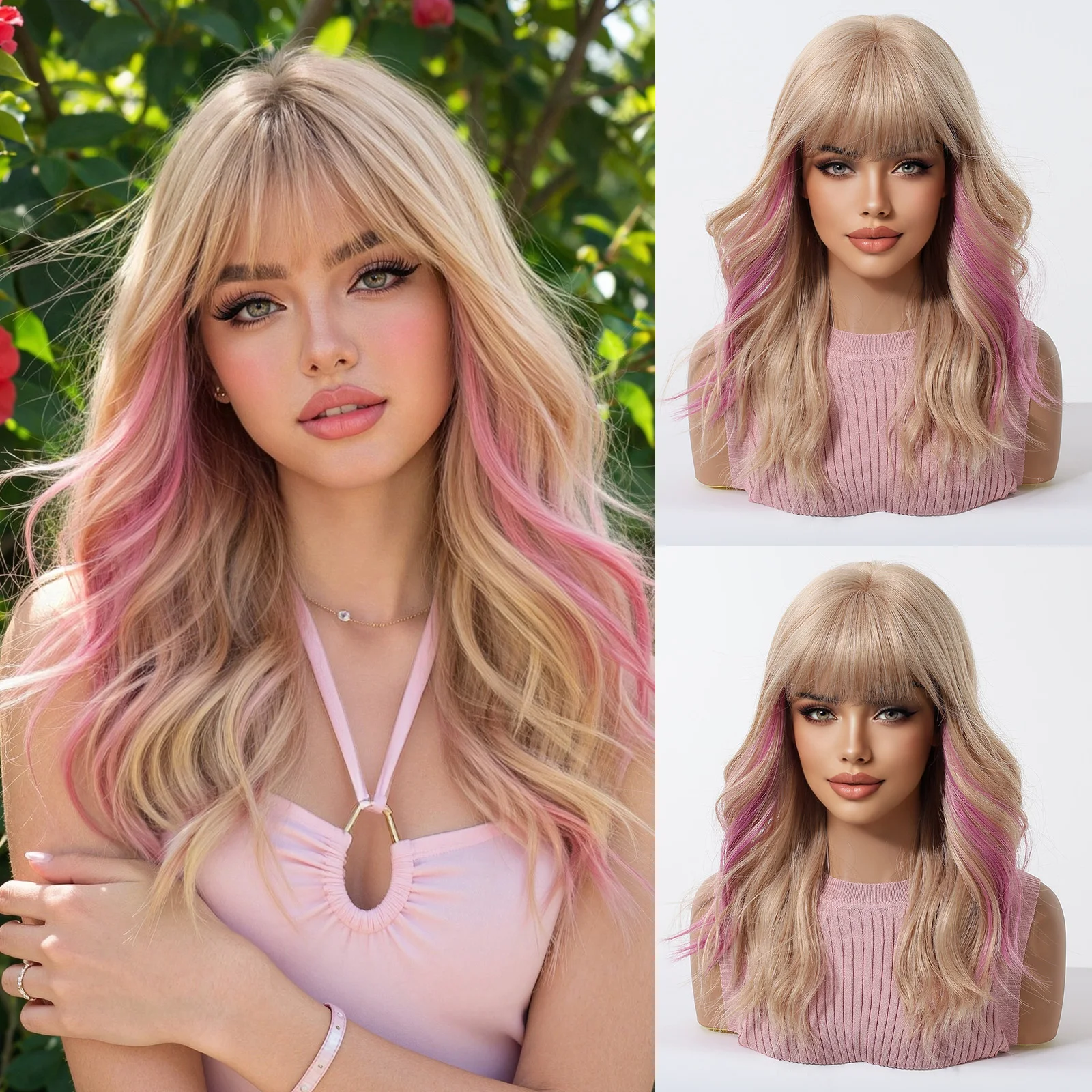 Lange, gewellte blonde Perücke mit rosa Highlights und Pony, natürlicher, süßer, cooler Look, synthetisches Haar, hitzebeständig, für Cosplay geeignet