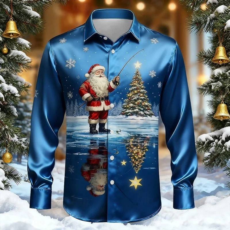 Christmas-Themed Casual Holiday Party Comfort Shirt Long-Sleeve Collared Design Men's Shirt Everyday Versatile Premium Shirt
