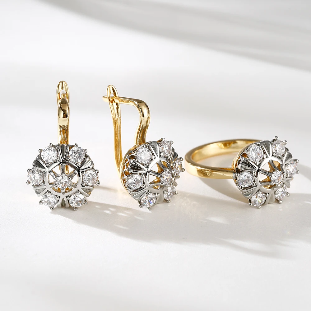 Glänzende, eingelegte, zweifarbige Ohrringe mit synthetischem Zirkon, Ring-Set, kupferbeschichtet, 14 Karat Gold, edler Schmuck, Weihnachtsgeschenke, Alltagsschmuck
