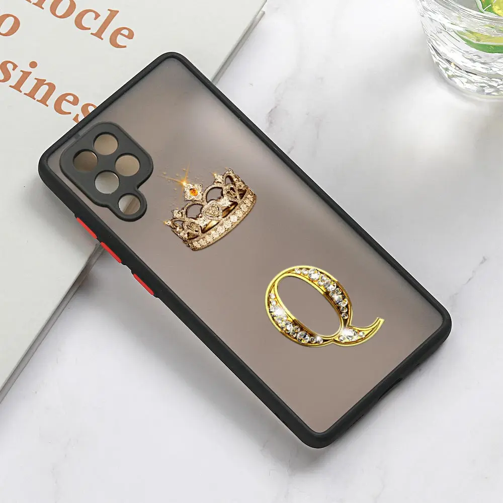 Matte Case For Samsung Galaxy A02 A03S A50 A70 A30 A40 A20 A7 2018 M30S M21 M51 M32 Note 20 Phone Cover Initial Letter R Q Crown