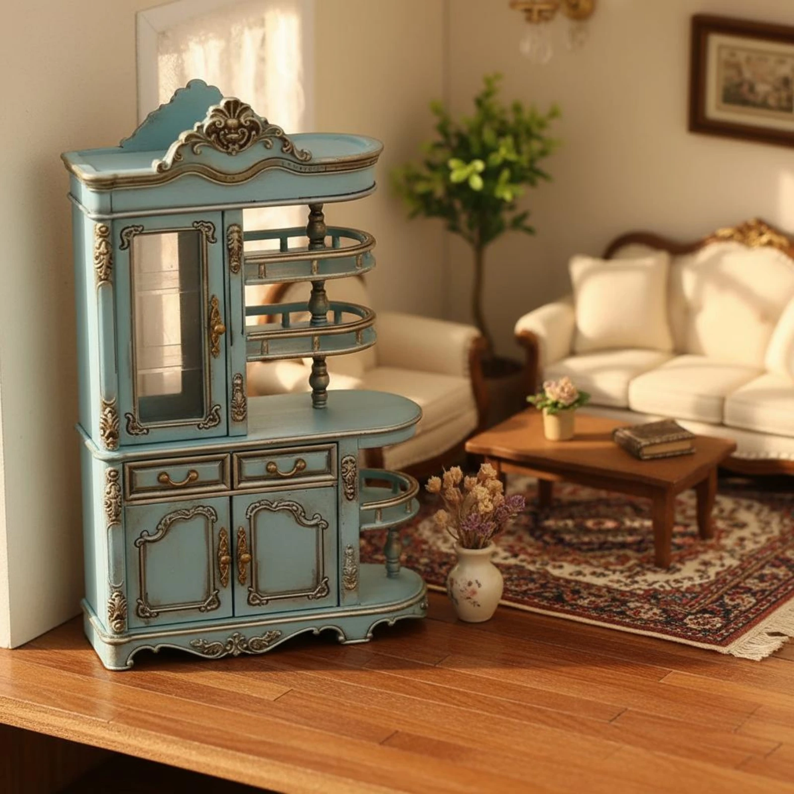 1:12 Scale Cabinet Realistic Feature Dollhouse Cabinet Model Mini Display Shelf Ornate Design