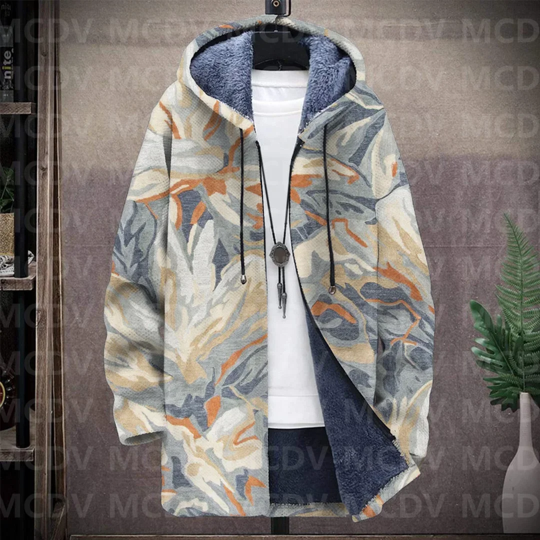 

Men's Retro Pattern Print Plush Thick Long-Sleeved Coat Fleece Hooded Overcoat Unisex Thick Warm Jacket