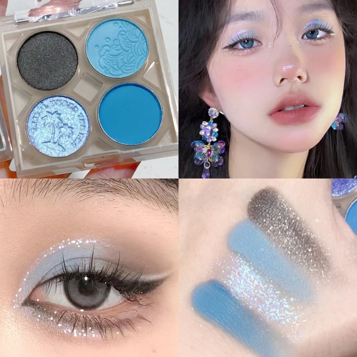 4 Color Pearly Blue Matte Glitter Eyeshadow Palette Shimmer Waterproof Pigment Brighten Shiny Eye Shadow Powder Makeup Pallete