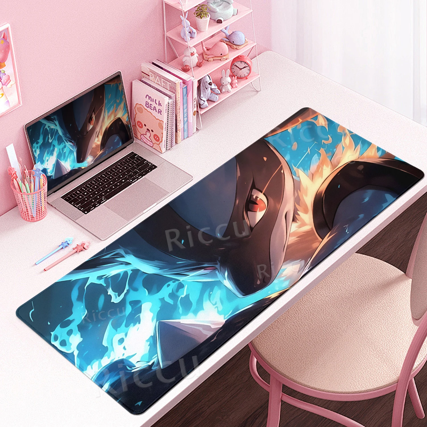 Mouse Pad Aesthetics Anime P-pokemon Lucario Pattern Tablepad Computer Laptop Keyboard Rugs Office Gaming Accessories Carpet XXL
