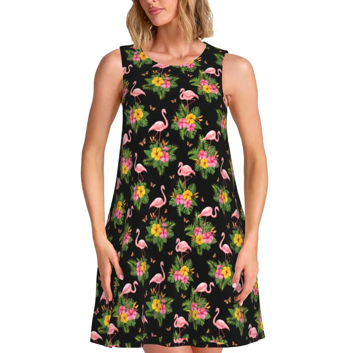 Watercolor Flamingo Dress Tropical Print Pretty Dresses Womens Sleeveless Simple Casual Dress Date Pattern Oversized Vestidos