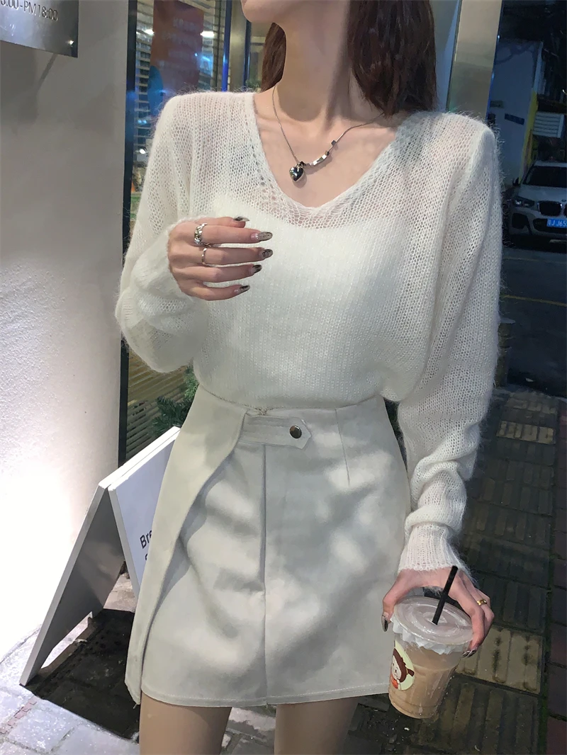 Short wool mohair early spring early autumn V-neck solid color hazy slightly transparent thin style pullover sweater for women