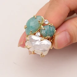 G-G Natural Green Amazonite White Keshi Biwa Pearl Electroplated Crystal Rings Adjustable Lady Simple Ring Gifts