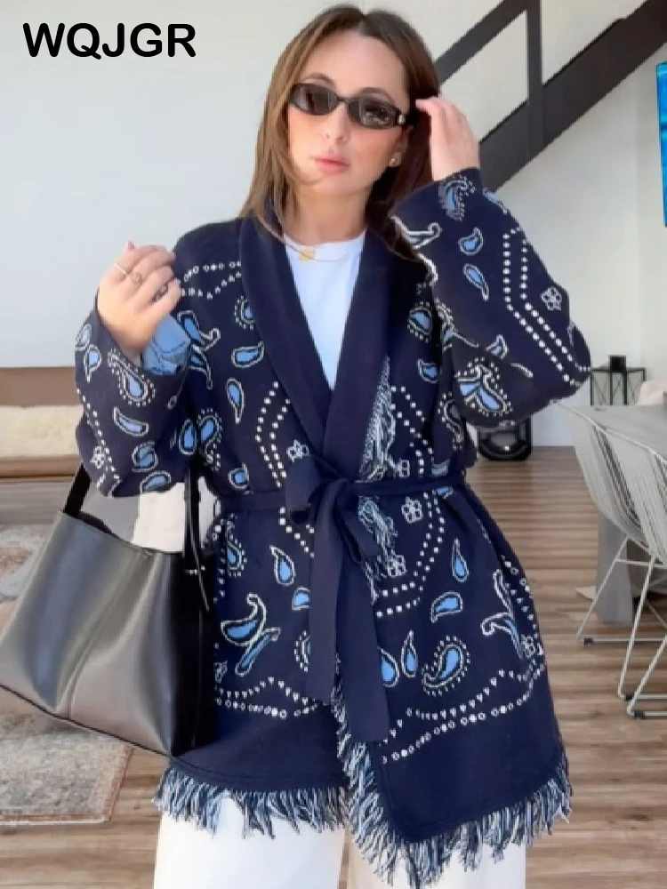

WQJGR High Quality Jacquard Cardigan Sweater Women Kniited Tassel Loose Full Sleeve Fashion Autumn Winter