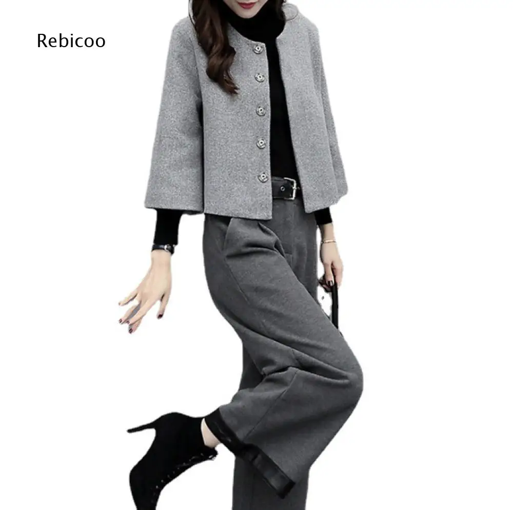 Elegant Women Wool Blend Co ord Set Round Neck 3 4 Sleeve Short Coat And High Waist Relaxed Fit Wide Leg Pants Suit