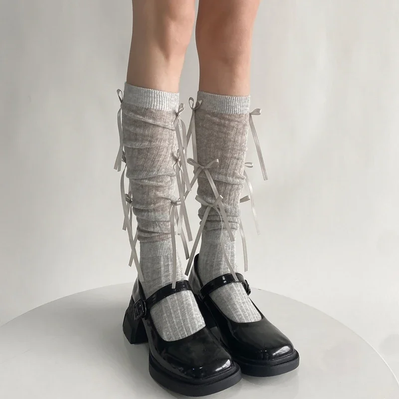 Sweet Lolita Style Stockings Students Fashion Basic Bowknot Knee-high Socks Cotton Fabric Women Sock Spring Summer Mid-calf Sock