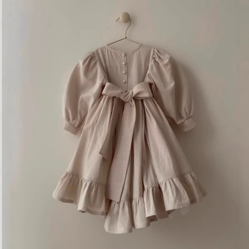 Girls Casual Dresses Fall/Winter 2025, Adorable Cotton Linen Butterfly Knot Princess Lolita Tail Dress, Palace Style  Children