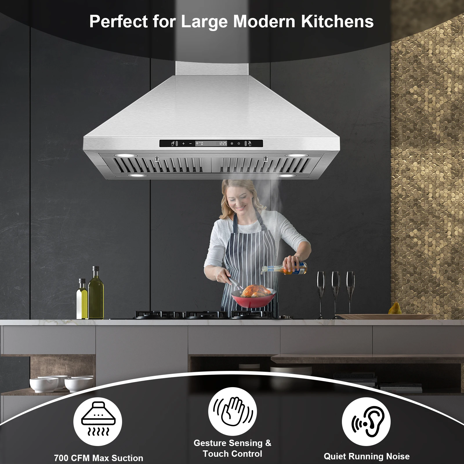 30" Stainless Steel 700CFM, Touch/Gesture Control, LED Light, 3-Speed, 65dB Quiet Island Range Hood
