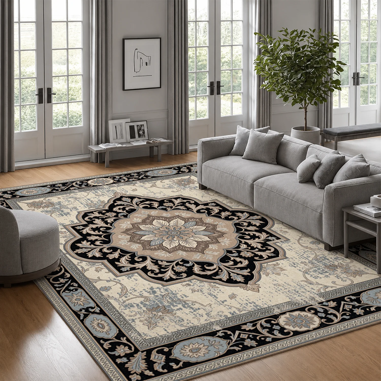 Distressed Vintage Floral Medallion Pattern Area Rug Velvet Soft Machine Washable for Living Room Bedroom Dining Room Entryway Perfect for Halloween Thanksgiving Christmas New Year Black Friday Cyber Monday Home Decor