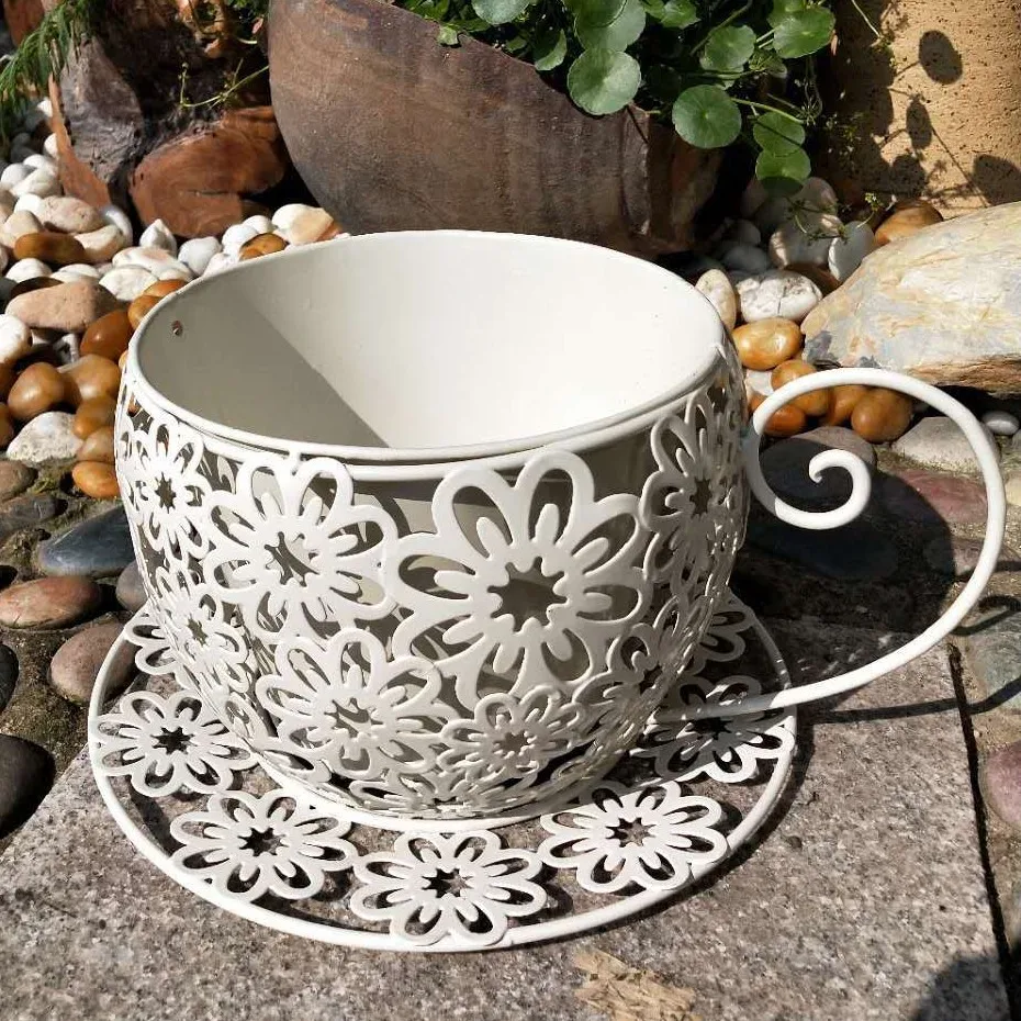 Factory direct sales for Amazon wrought iron flower hollow tea cup pot succulent pot decoration outer pot coffee cup shape