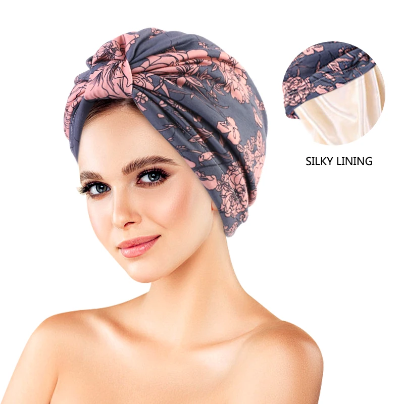 Floral Printed Turban Hat For Women Muslim Hijab Chemo Cancer Cap Islamic Hair Loss Hat Head Scarf Satin Liner Inner Cap Arab