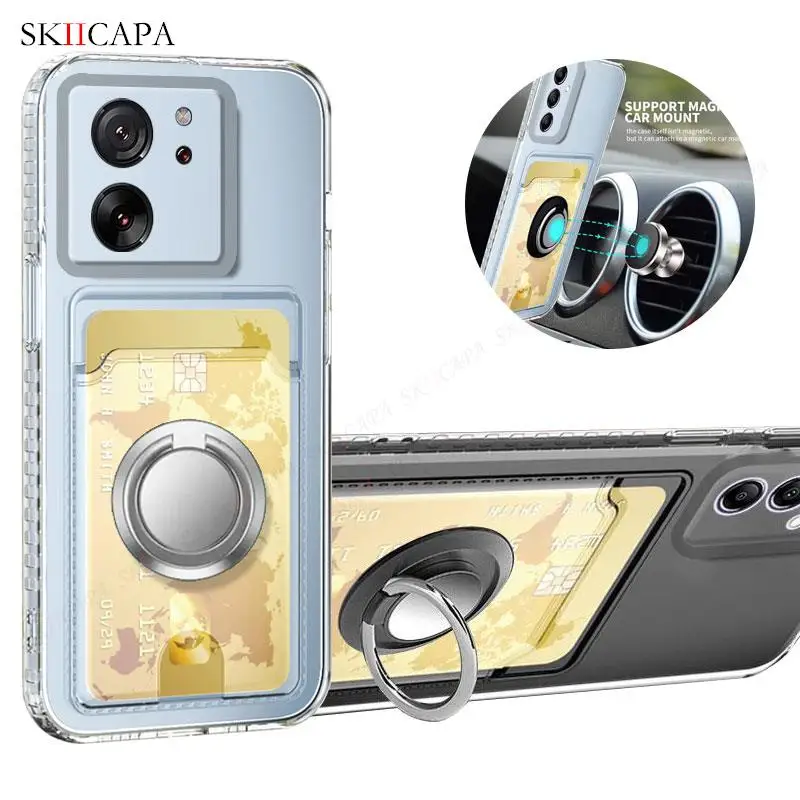 Wallet Card Slot Phone Case for Redmi 13C Clear Soft Ring Holder Protection Cover for Xiaomi Redmi Note 12 Pro 11 10s 9C 10A 10C