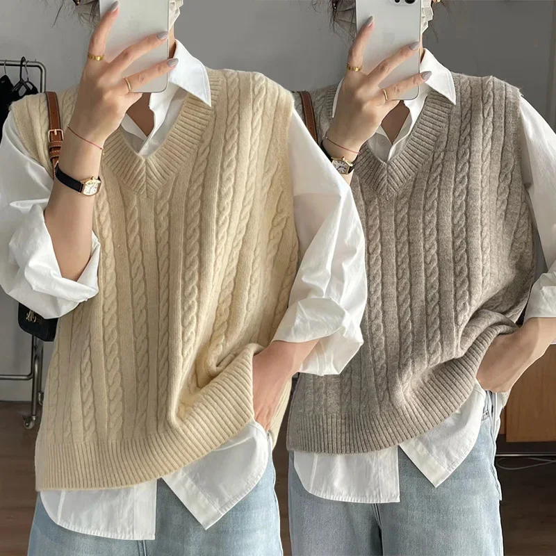 Sleeveless Sweater Twists Knitted Vest for Women Vintage Preppy Style Autumn Winter V-Neck Top Loose All-Match Waistcoat