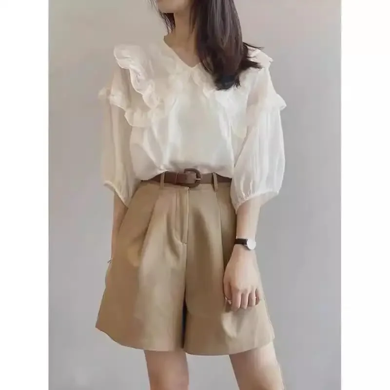 

New Pure Color Doll Collar Short Sleeve Women's Shirt Hong Kong Style Salt System Small Parfum Wind Time Fashionable Blouse