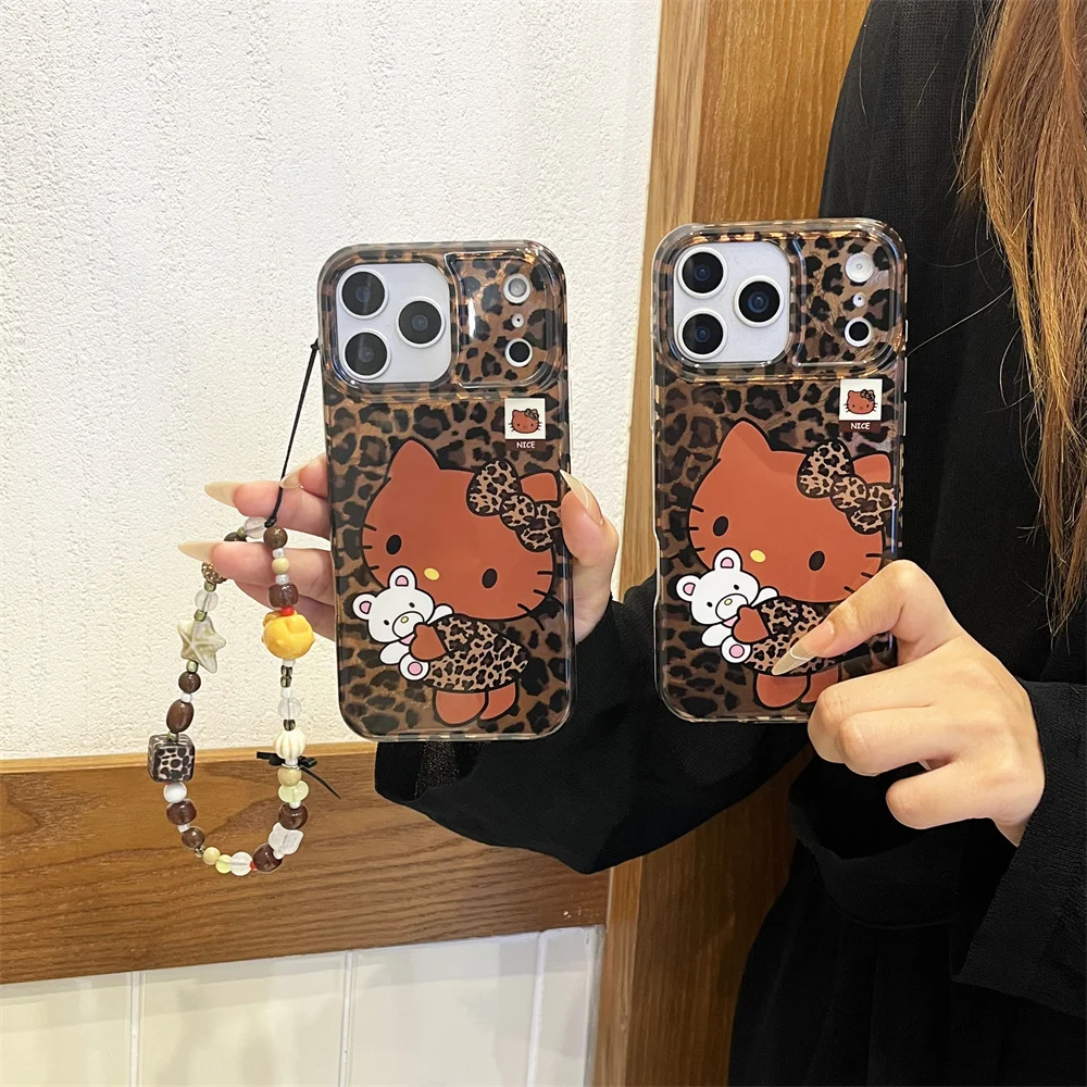 

Fashion leopard print Hellokitty bear cute phone case for iPhone 17 16 15 13 14 Pro Max Fundas with chain Kawaii shockproof Case
