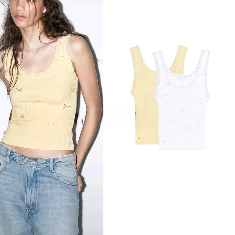 

Summer New round Ne Svel Cotton Lace Knot Trim T-irt Women's Top Polyester Fiber ort Sle Pullover