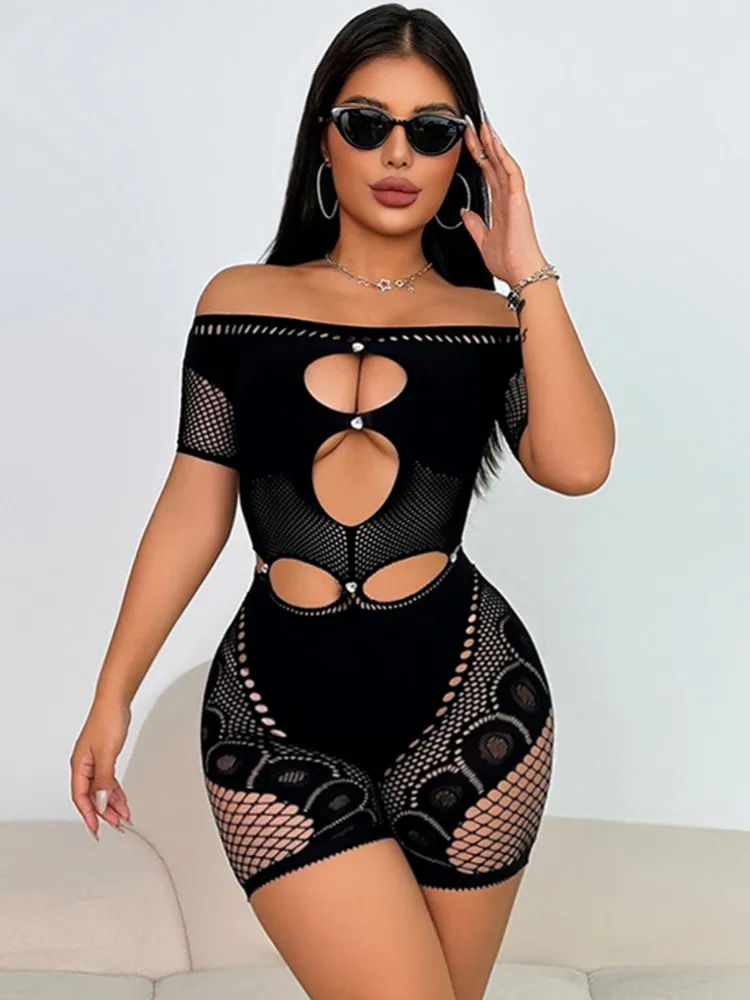 

Sexy Club Women Hollow Out Style Rompers Playsuits Bodysuit Short Sleeve Streetwear Overalls Top Suit Summer Autumn Jumpsuit