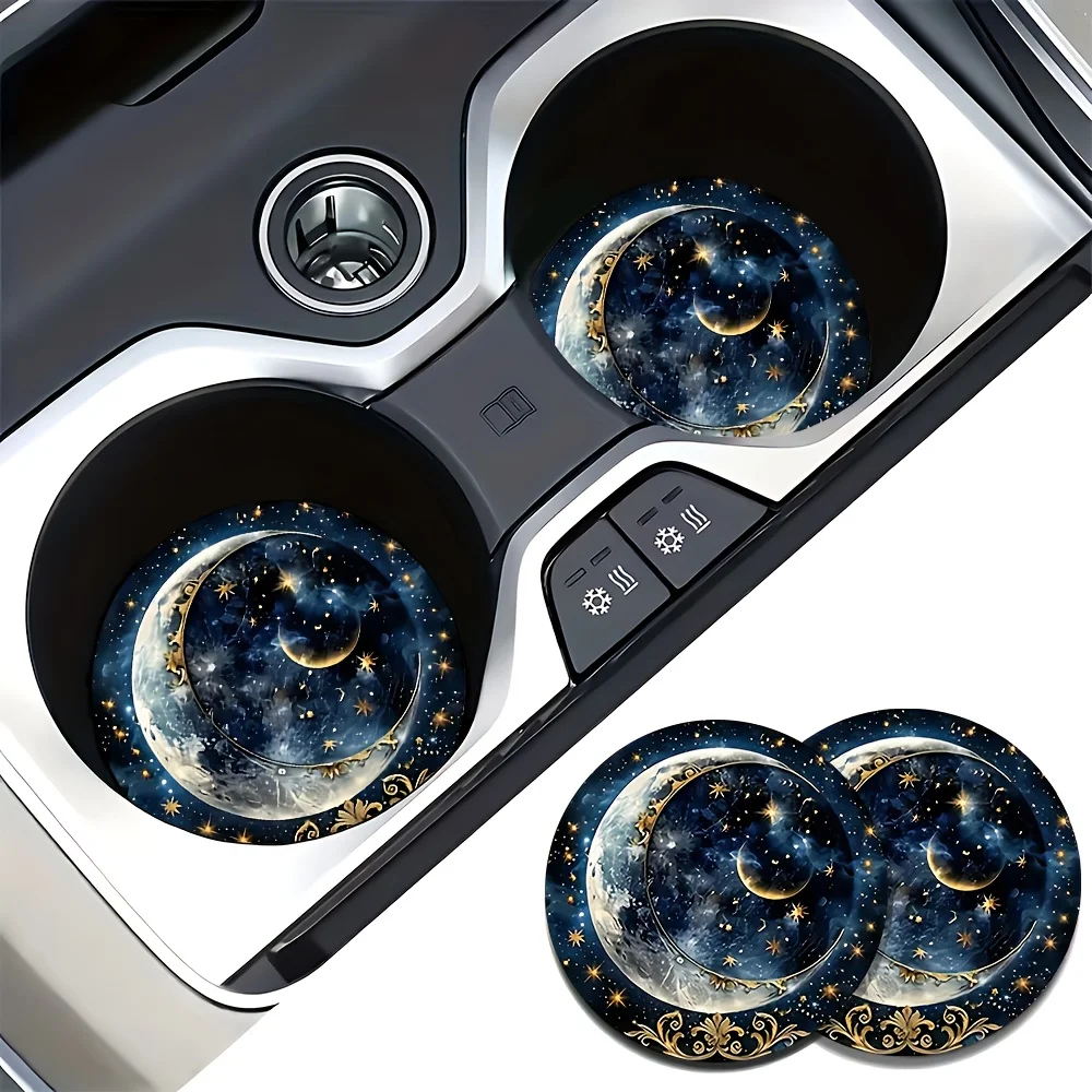 2pcs Starry Night Moon Car Cup Coasters - Durable Non-Slip Drink Holders, Elegant Car Interior Accessories For Women & Men, Idea