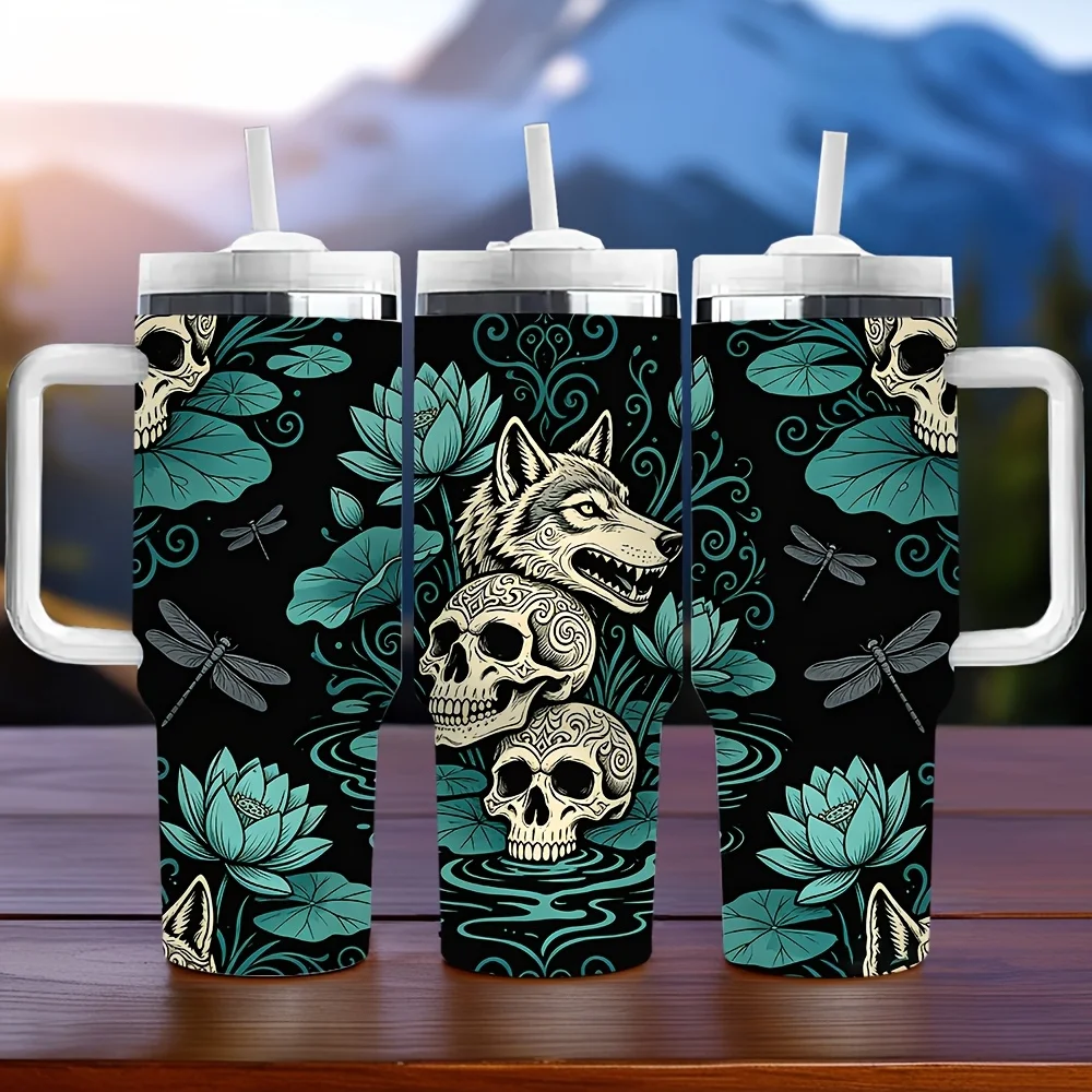 40oz Insulated Tumbler with Handle, Printed with Wolf Skulls for Lotus And Dragonflies, Great Holiday Birthday Gift, Suitable for Daily Use And Outdoor Activities, Keeps Drinks Warm Or Cold for Long Time