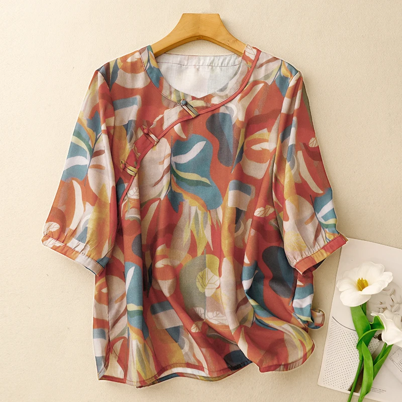 تي شيرت فضفاض مناسب على شكل حرف V من القطن والكتان مطبوع للنساء صيفي أنيق ومتعدد الاستخدامات ورقيق علوي للتخسيس