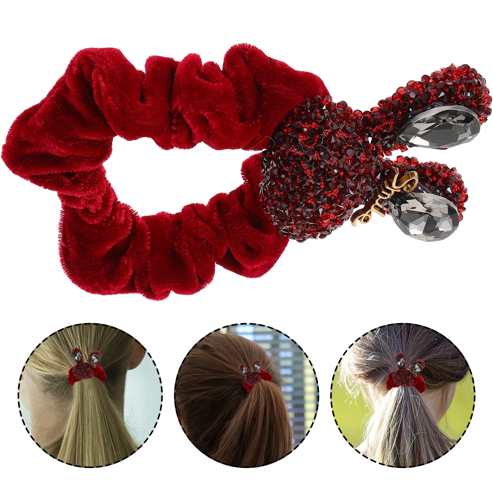 

Rabbit Cute Headwear Chinese Style Hair Tie Elastic Ponytail Holder Rhinestone Scrunchies For Women Girls Sparkly Hair