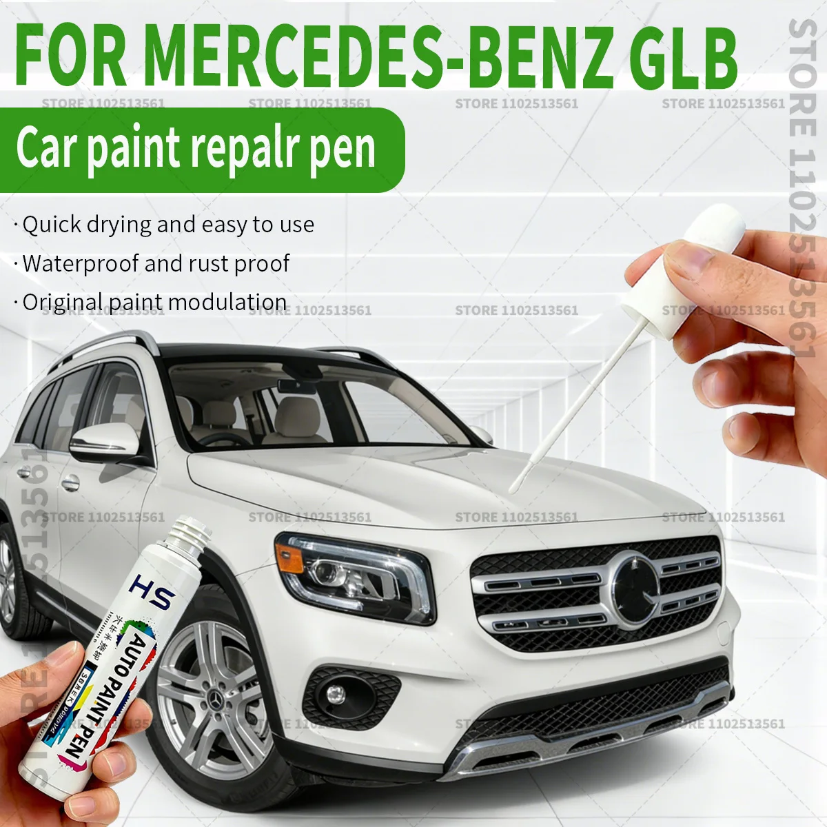 

Ручка-корректор для удаления царапин и ремонта краски Mercedes-Benz GLB: синий Jewel Blue, белый Polar White 149, розовое золото 817, белый песок Silver 859, красный.