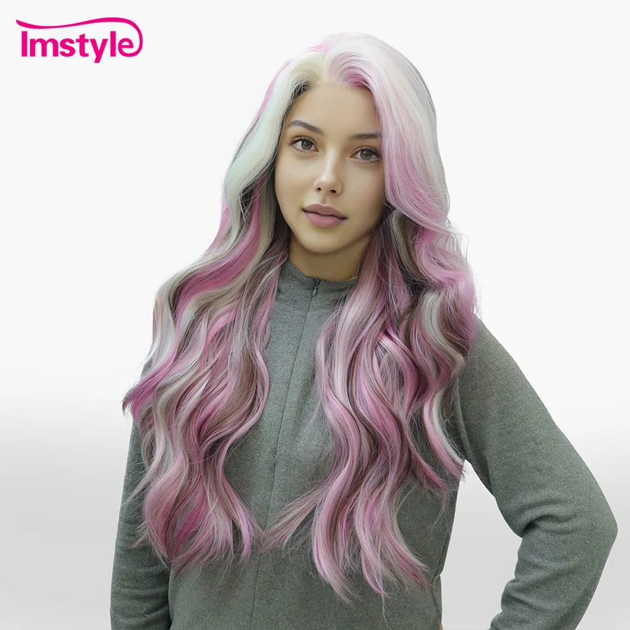 Imstyle Synthetic Lace Front Wig Multicolor Natural Wavy Long for Women Heat Resistant Fiber Pink White Mixed Cosplay Wig